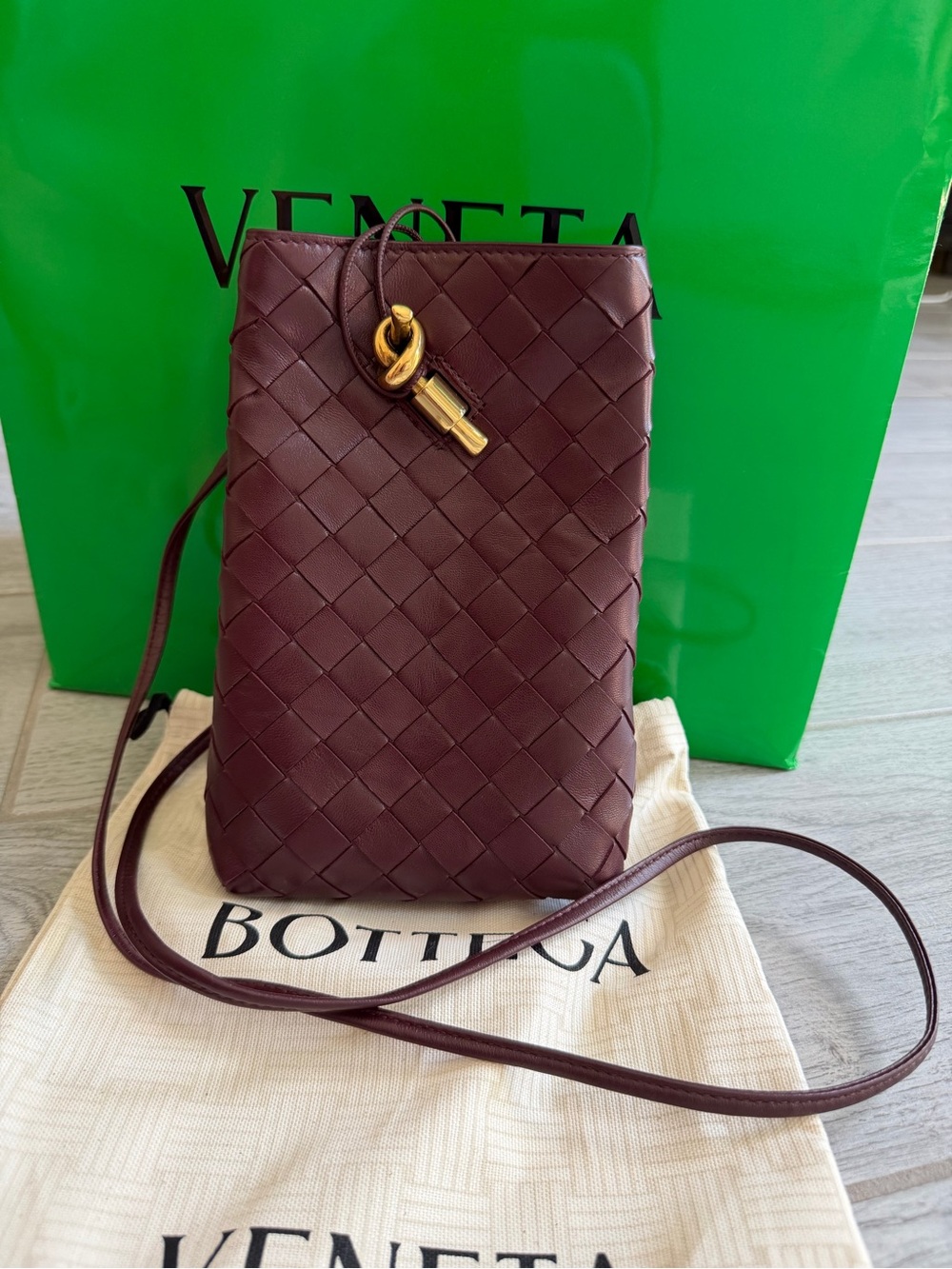 Bottega Veneta Woven Leather Crossbody in Deep Burgundy with Gold Hardware